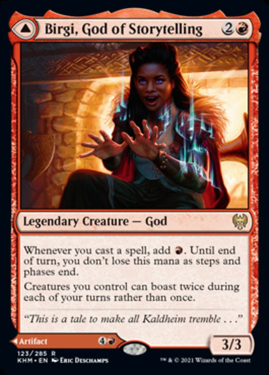 Birgi, God of Storytelling // Harnfel, Horn of Bounty [Kaldheim] - Español