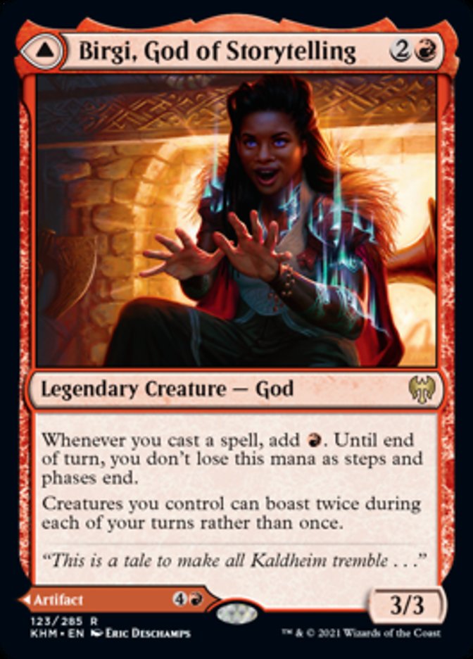 Birgi, God of Storytelling // Harnfel, Horn of Bounty [Kaldheim] - Español