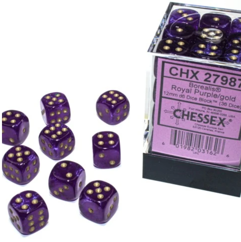 DADOS CHESSEX BOREALIS LUMINARY ROYAL PURPLE/GOLD D6 12MM 