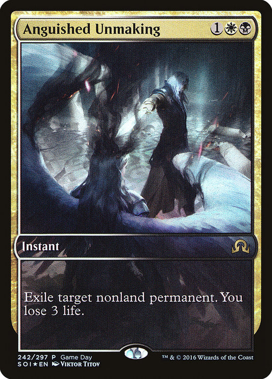 Anguished Unmaking (Game Day) (Extended Art) - Español [Shadows over Innistrad Promos]