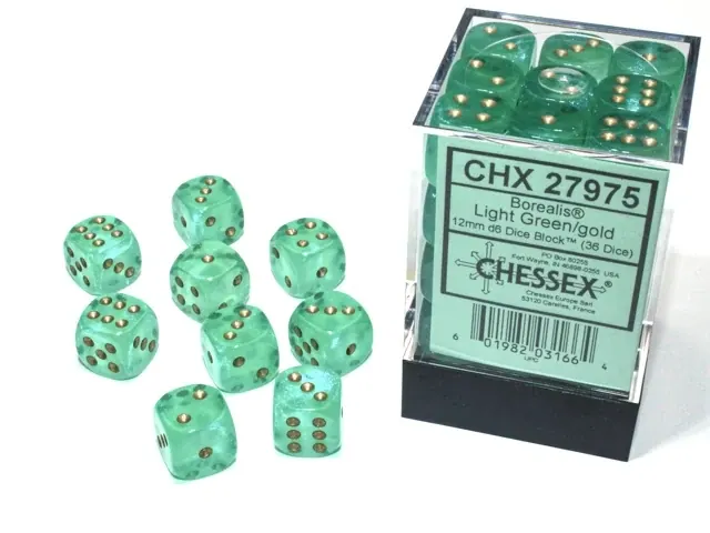 DADOS CHESSEX BOREALIS LUMINARY LIGHT GREEN/GOLD D6 12MM