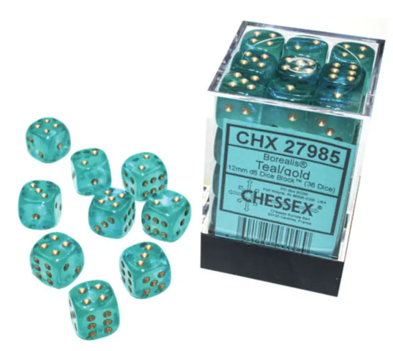DADOS CHESSEX BOREALIS LUMINARY TEAL/GOLD D6 16MM