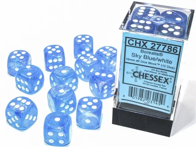 DADOS CHESSEX BOREALIS LUMINARY SKY BLUE/WHITE D6 16MM