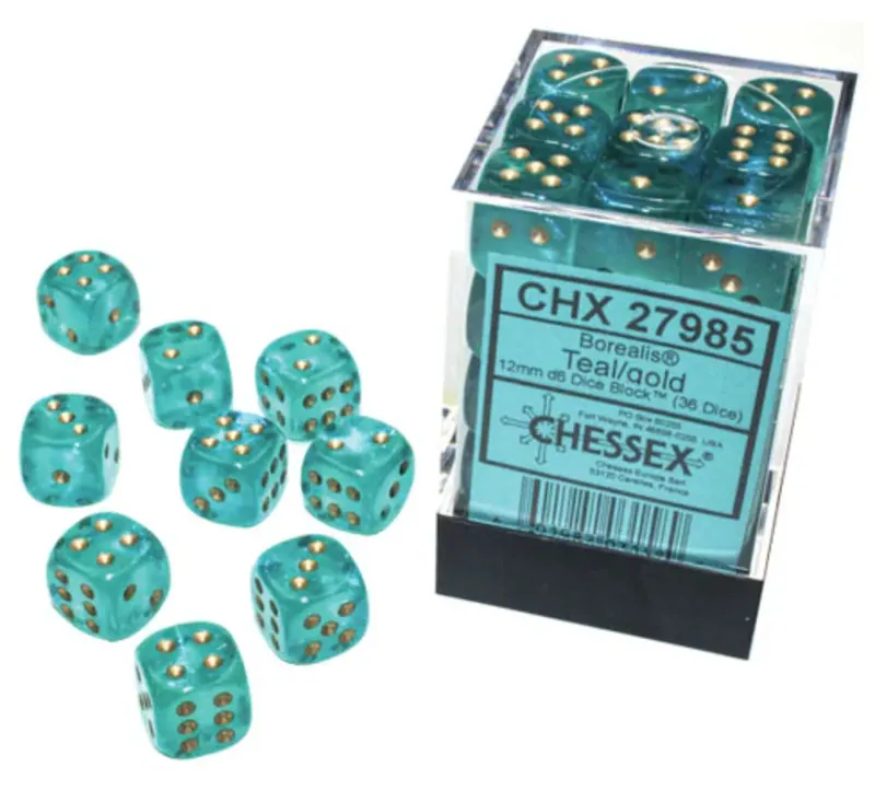DADOS CHESSEX BOREALIS LUMINARY TEAL/GOLD D6 12MM