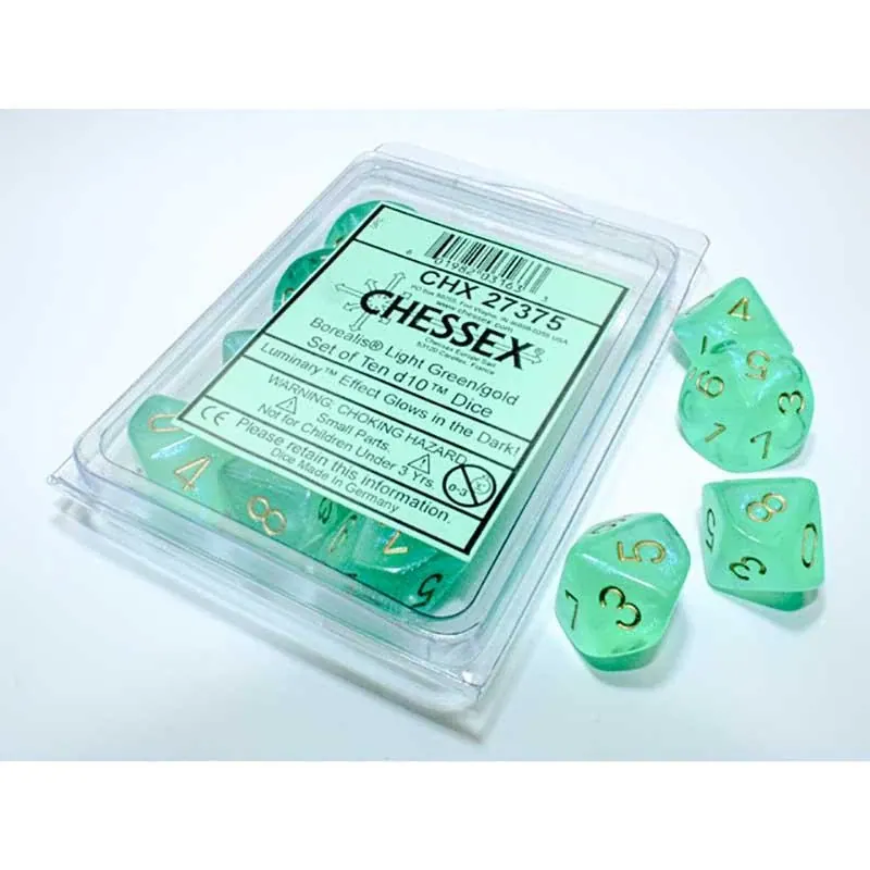 DADOS CHESSEX 10D10 BOREALIS LUMINARY LIGHT GREEN/GOLD