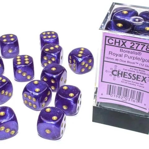 DADOS CHESSEX BOREALIS LUMINARY ROYAL PURPLE/GOLD D6 16MM