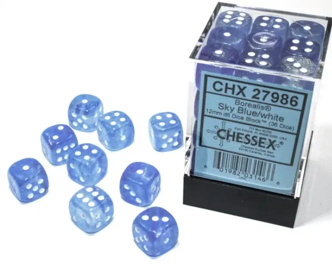DADOS CHESSEX BOREALIS LUMINARY SKY BLUE/WHITE D6 12MM